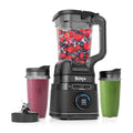 Imagen de la licuadora Ninja Detect™ Duo® Power Blender Pro con BlendSense™ Technology, que ajusta potencia, velocidad y tiempo para preparar batidos, bebidas congeladas y procesar alimentos. Incluye jarra de tamaño completo y tazas portátiles de 24 oz, con modos para picar y cortar verduras y salsas.