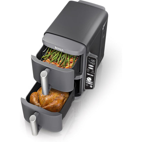 Imagen de la freidora de aire Ninja DoubleStack XL con diseño de 2 canastas de 5 cuartos apilables, que permite cocinar hasta 4 alimentos a la vez. Incluye tecnología DoubleStack Air Frying, 6 programas de cocción, Smart Finish y Match Cook para resultados crujientes y uniformes en menos espacio.