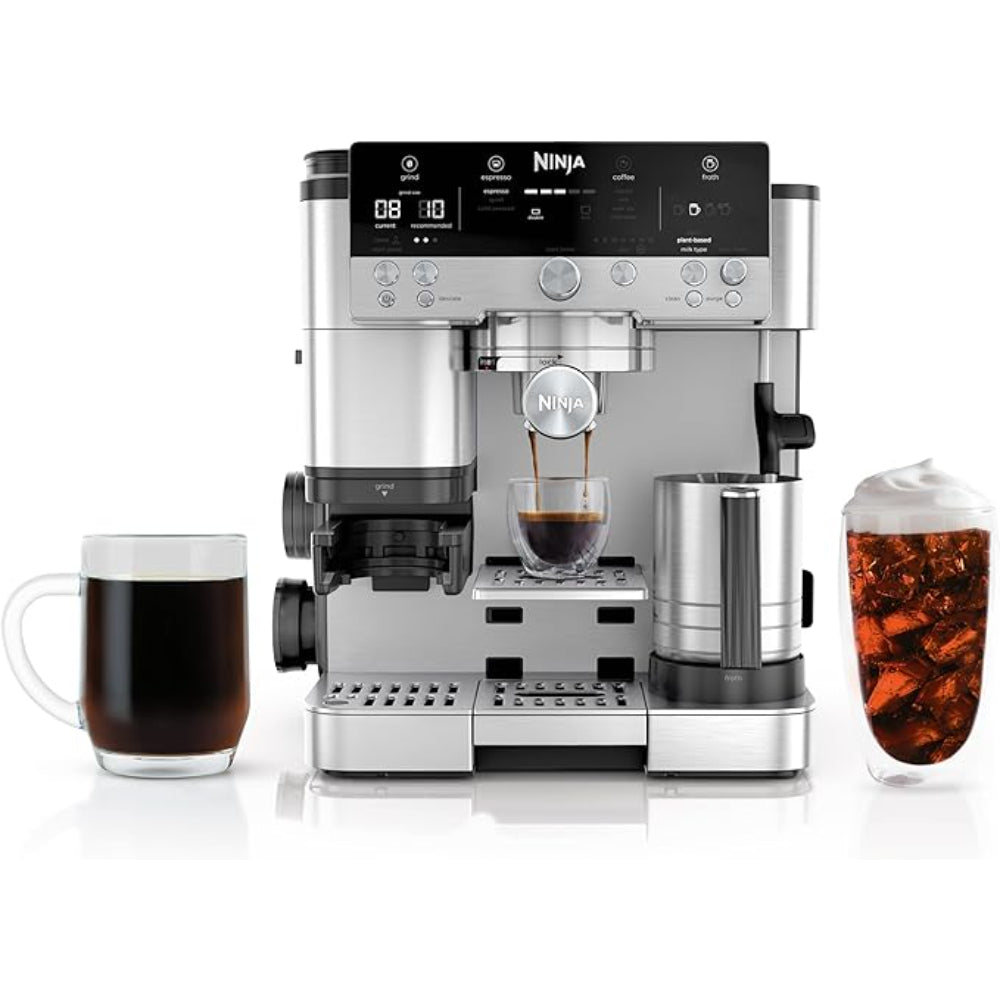 Imagen de la máquina de café Ninja Luxe™ Café Premier, que prepara espresso, café filtrado y cold brew con un solo toque. Incluye molinillo ajustable, espumador automático y tecnología Barista Assist™ para lograr el café perfecto en casa.